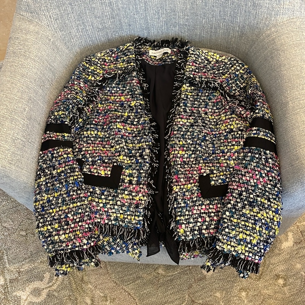 RACHEL ZOE NEW Women's Multi Coco Tweed Fringed Tie Front Jacket